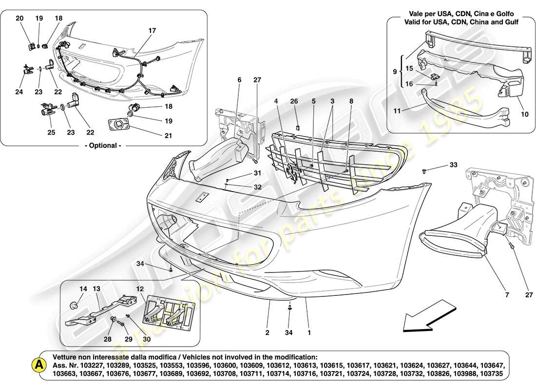 ferrari california (rhd) diagrama de piezas del parachoques delantero