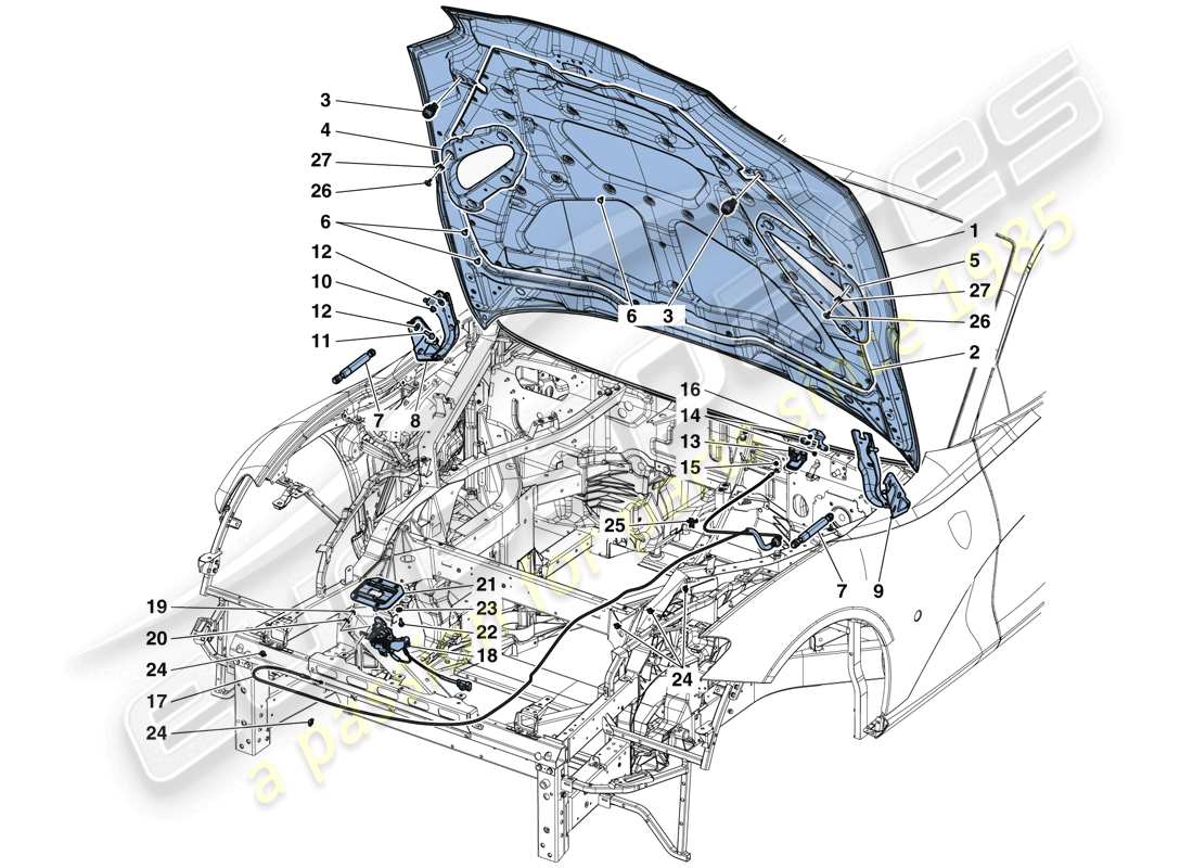 ferrari 812 superfast (usa) tapa frontal y mecanismo de apertura diagrama de piezas