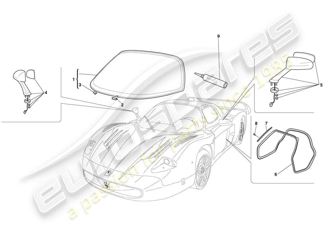 maserati mc12 vidrios, juntas y espejos retrovisores diagrama de piezas