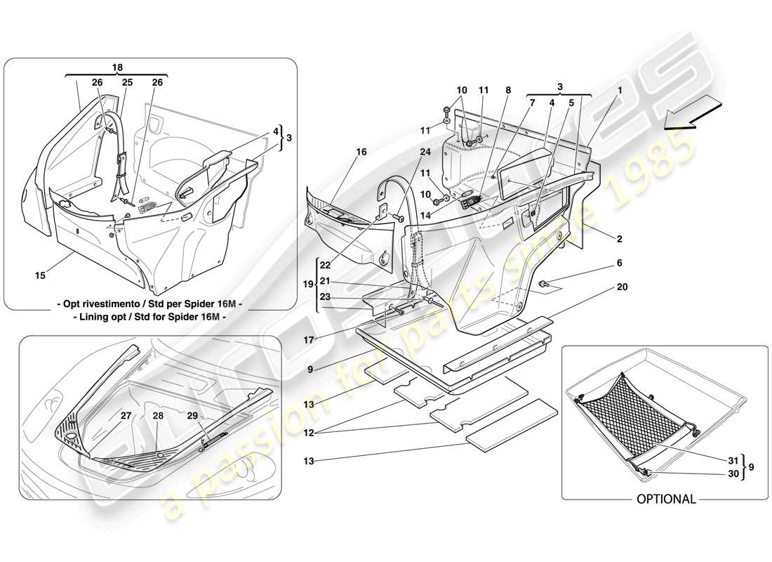 ferrari f430 scuderia (rhd) diagrama de piezas del adorno del compartimiento delantero