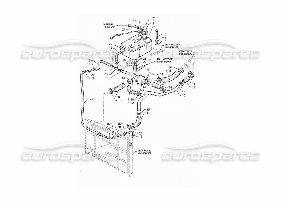 maserati qtp v8 (1998) diagrama de piezas del termostato y la caja del sistema de refrigeración del motor