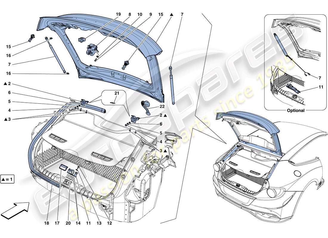 ferrari ff (rhd) tapa trasera y mecanismo de apertura diagrama de piezas