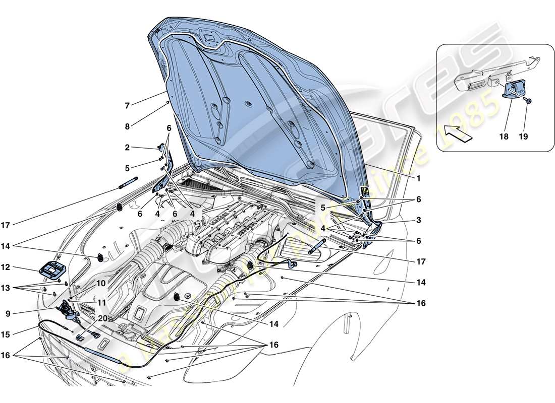 ferrari ff (rhd) tapa frontal y mecanismo de apertura diagrama de piezas