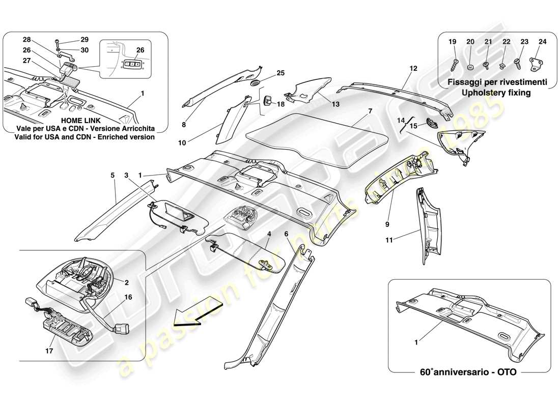 ferrari 612 sessanta (rhd) molduras del techo y accesorios diagrama de piezas