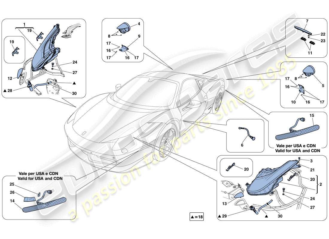 un diagrama de piezas del catálogo de piezas ferrari 458 italia (rhd)
