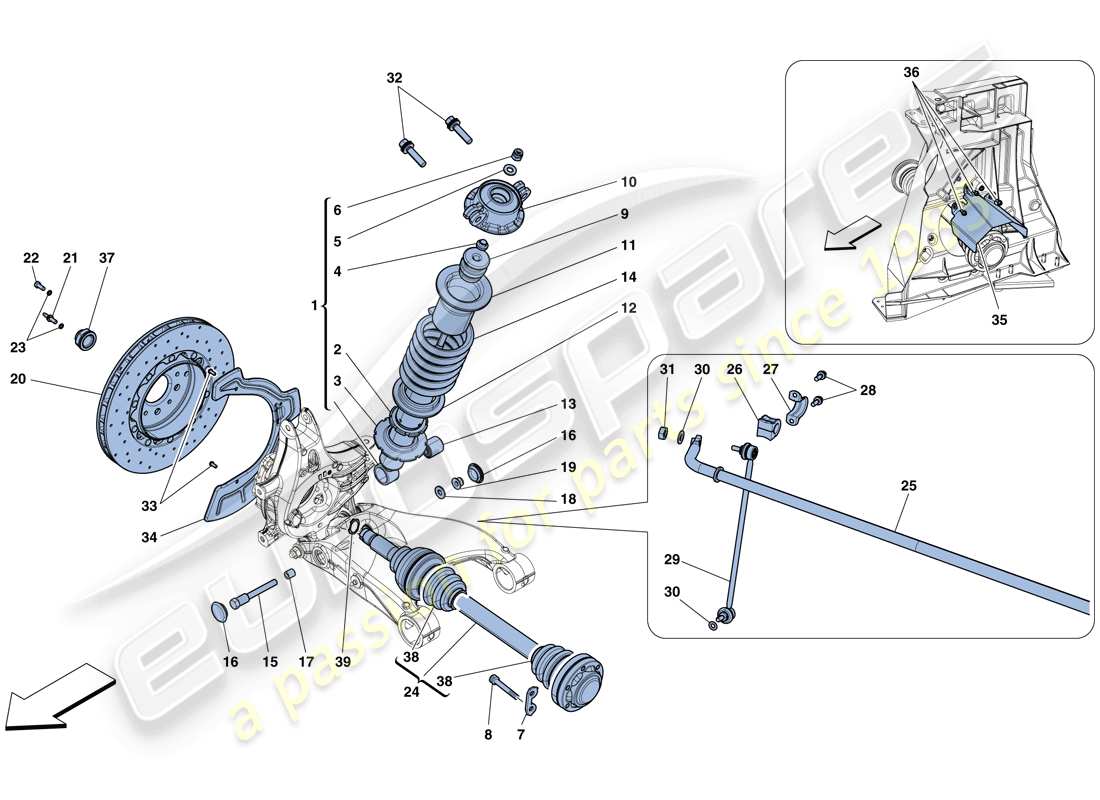 ferrari 488 spider (rhd) suspensión trasera - amortiguador y disco de freno diagrama de piezas