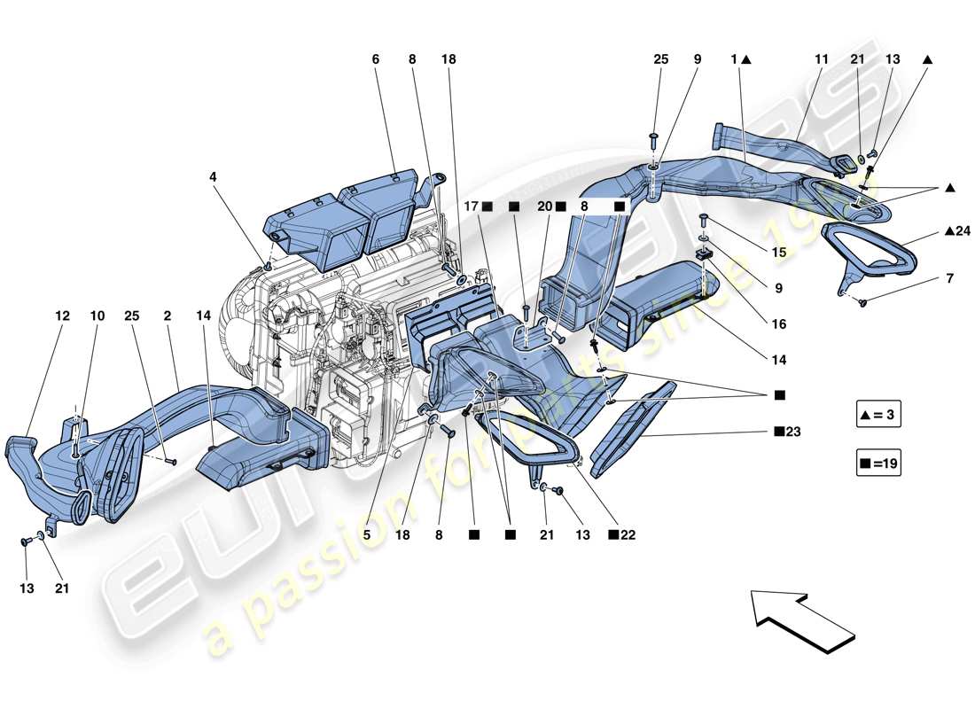 ferrari 488 spider (rhd) conductos de aire del tablero diagrama de piezas