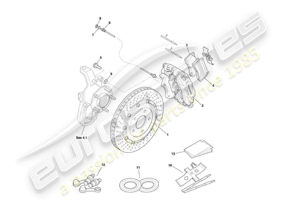 aston martin db7 vantage (2001) diagrama de piezas de frenos delanteros