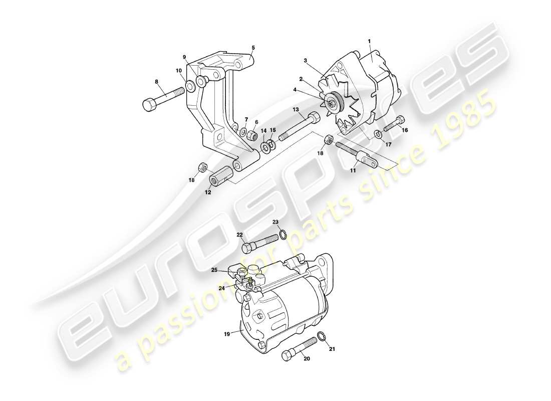 aston martin v8 coupe (1999) diagrama de piezas del generador, motor de arranque y bomba de aire