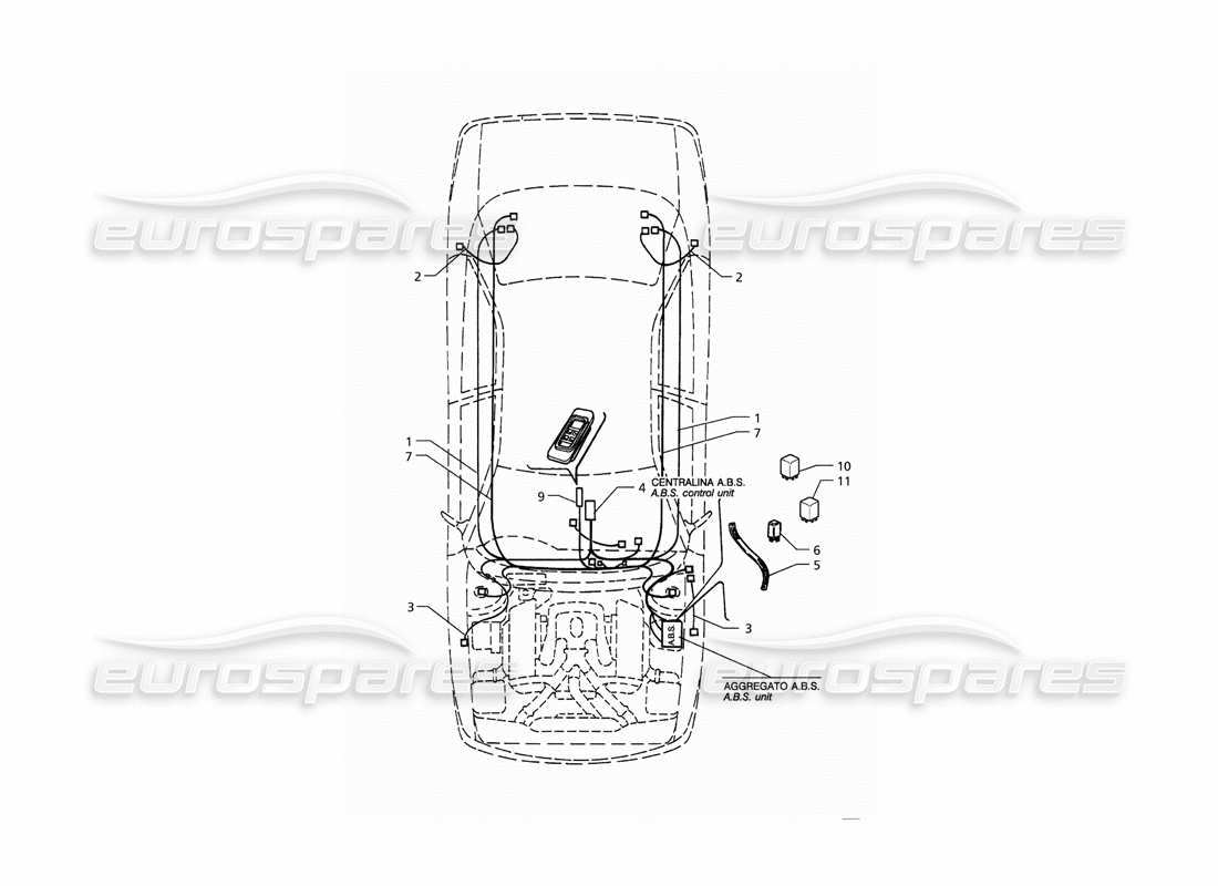 maserati qtp. 3.2 v8 (1999) sistema eléctrico: diagrama de piezas del abs y la suspensión 'koni' (transmisión derecha)