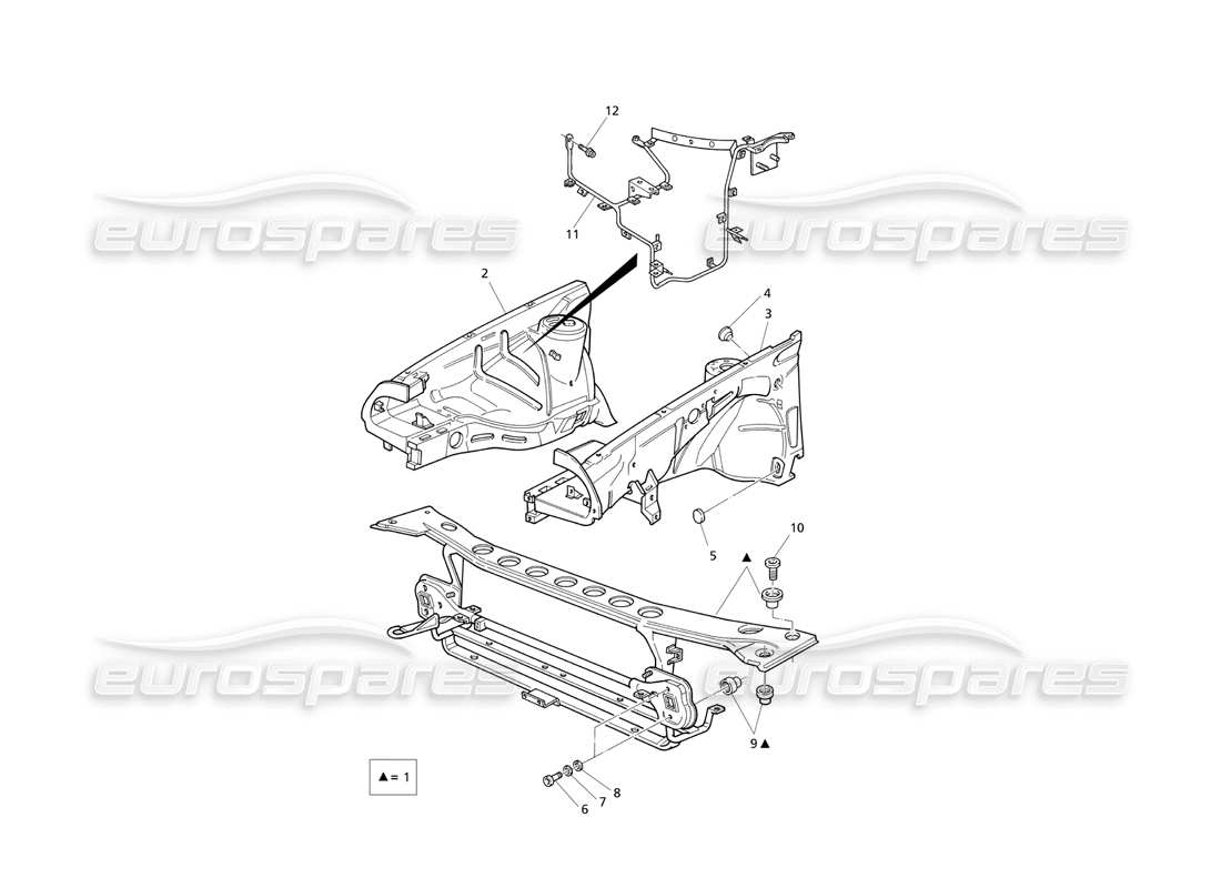 maserati qtp v8 evoluzione carrocería: diagrama de piezas del panel frontal y los pasos de rueda interiores