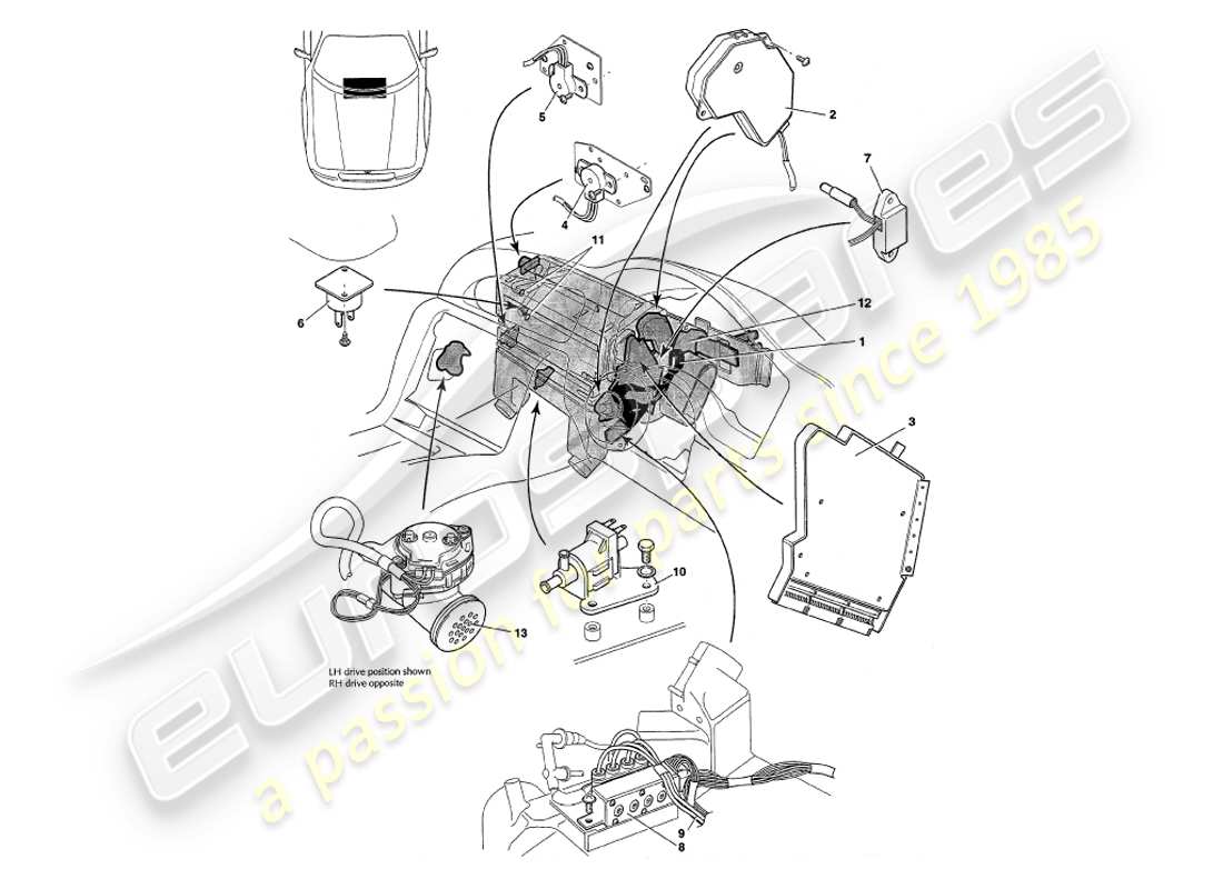 aston martin v8 coupe (1999) diagrama de piezas de sensores, interruptores, solenoides, motores, etc.
