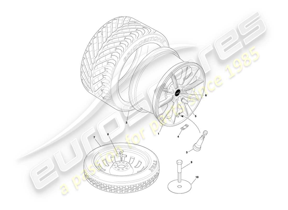 aston martin db7 vantage (2002) diagrama de piezas de ruedas y neumáticos