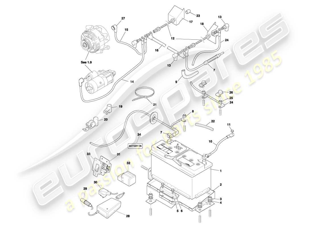 aston martin db7 vantage (2002) diagrama de piezas de batería y bandeja