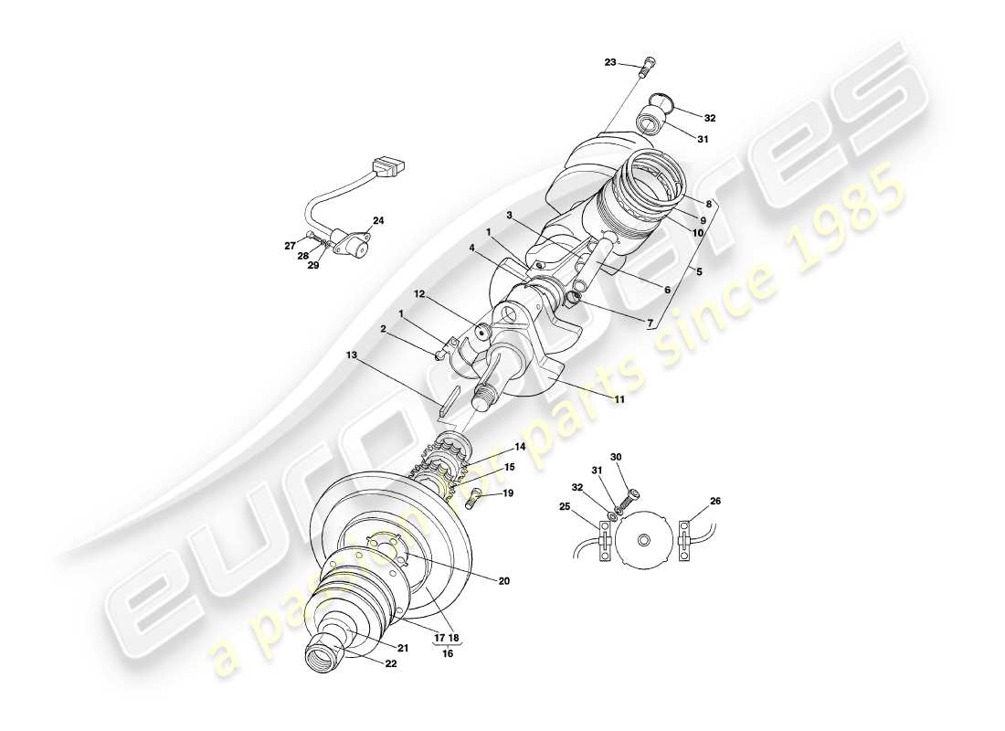 aston martin v8 coupe (2000) diagrama de piezas del cigüeñal, pistones y bielas