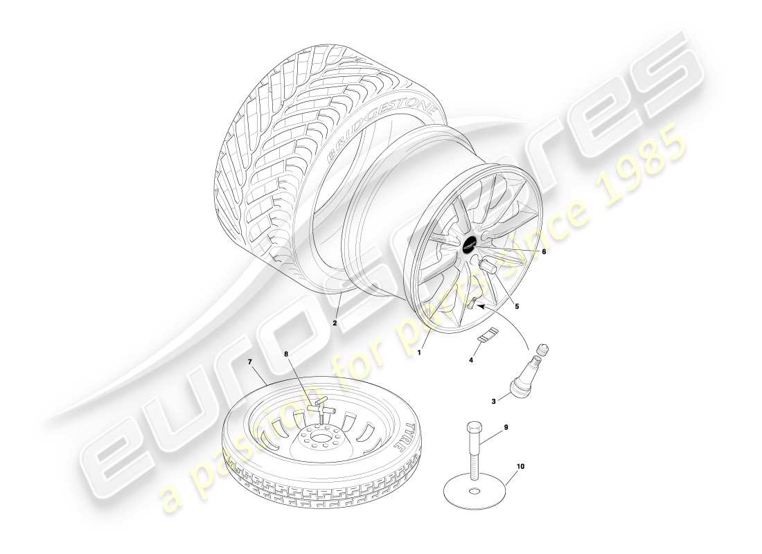 aston martin db7 vantage (2000) diagrama de piezas de ruedas y neumáticos