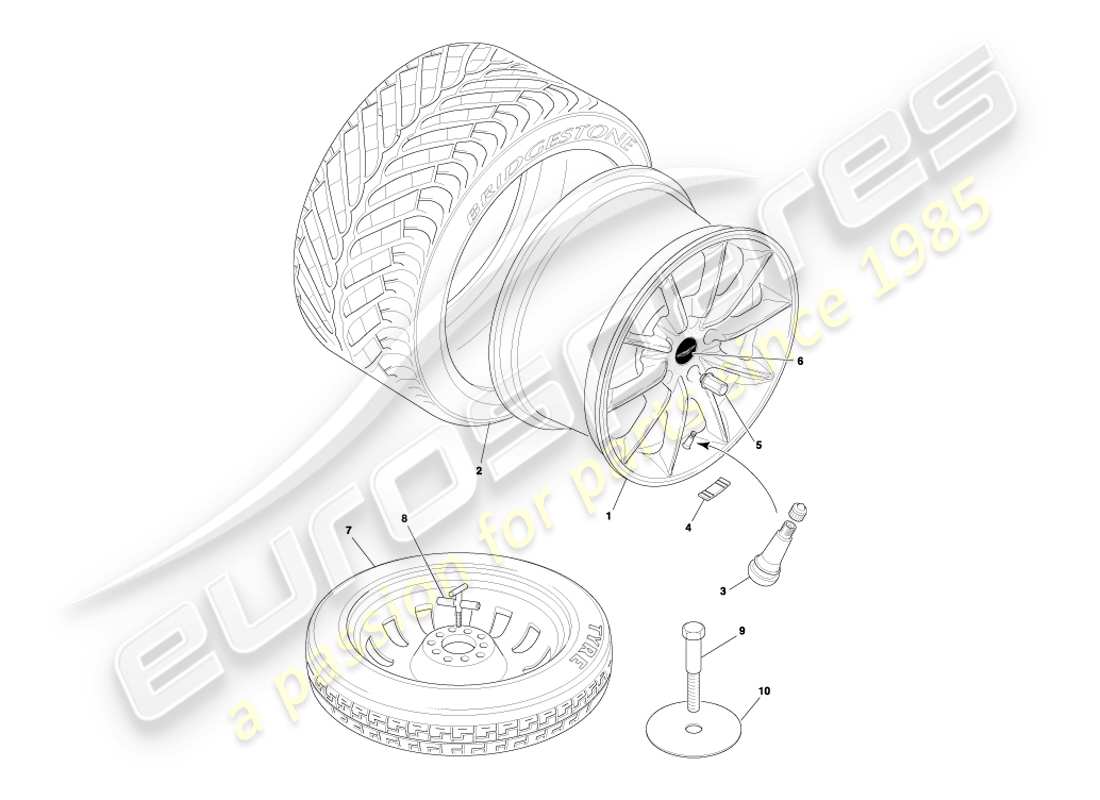 aston martin db7 vantage (2001) diagrama de piezas de ruedas y neumáticos