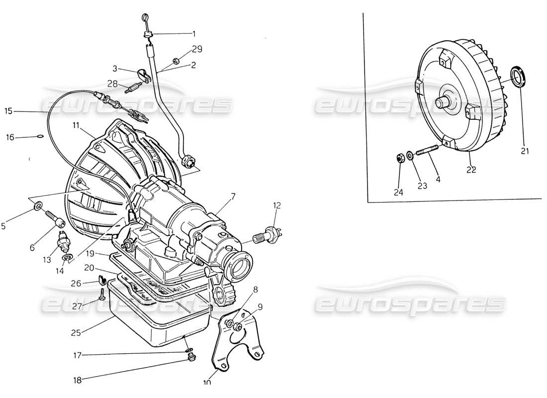 maserati 222 / 222e biturbo transmisión automática - diagrama de piezas del convertidor (3 hp)