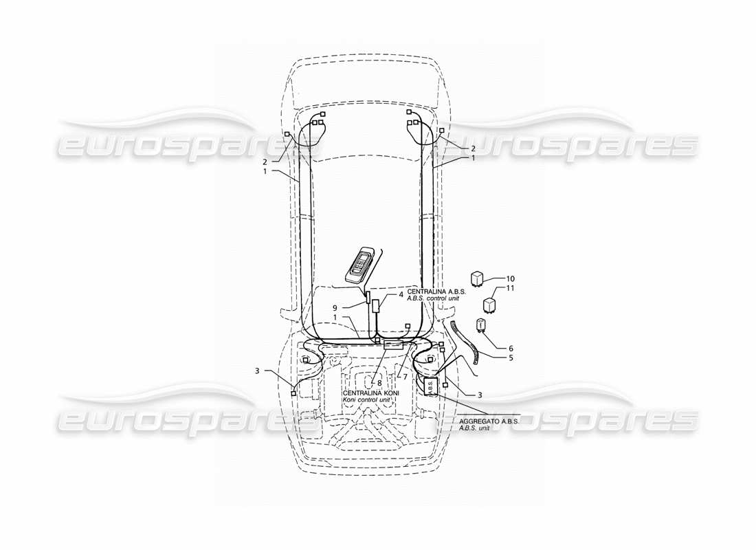 maserati ghibli 2.8 (abs) sistema eléctrico: diagrama de piezas del abs y la suspensión 'koni' (transmisión derecha)