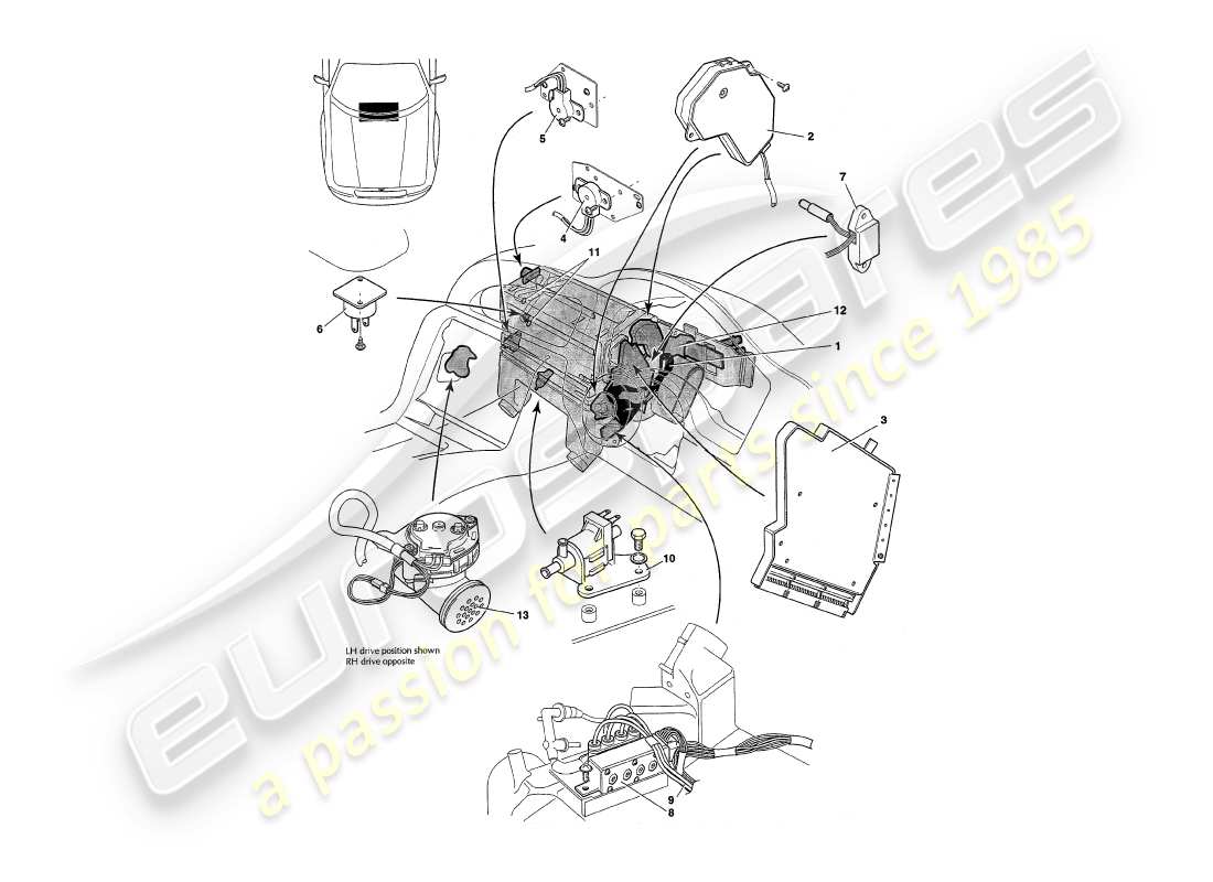 aston martin v8 coupe (2000) diagrama de piezas de sensores, interruptores, solenoides, motores, etc.