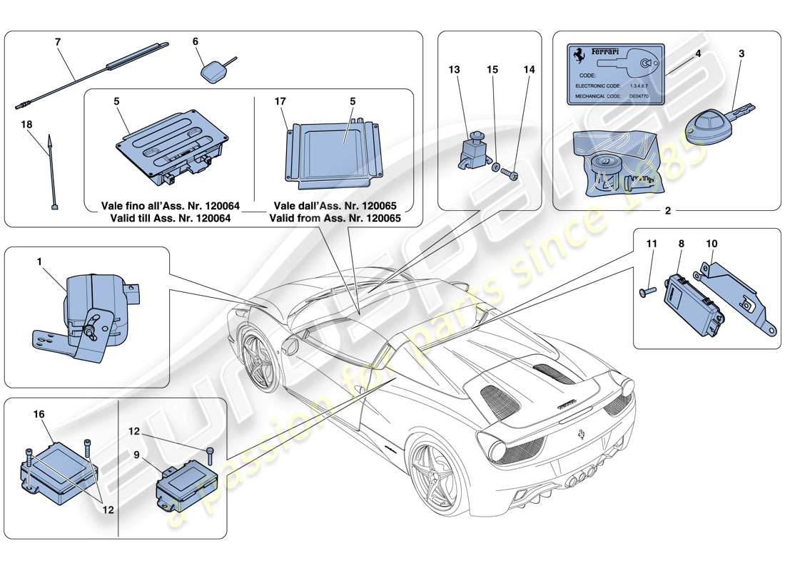 ferrari 458 spider (rhd) diagrama de piezas del sistema antirrobo