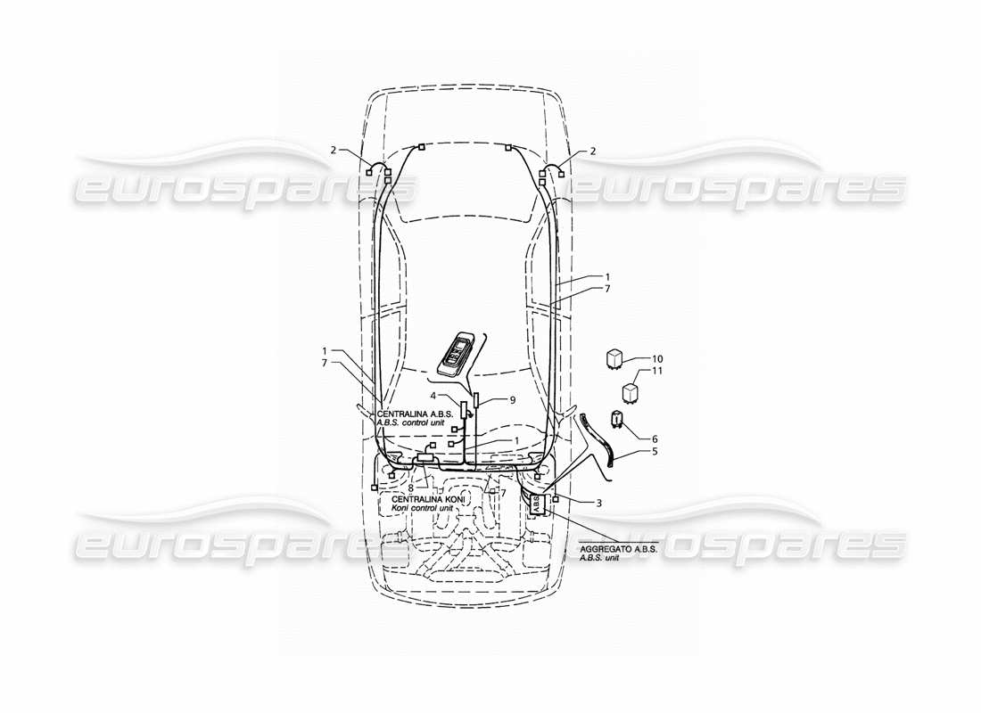 maserati qtp. 3.2 v8 (1999) sistema eléctrico: diagrama de piezas del abs y la suspensión 'koni' (tracción izquierda)