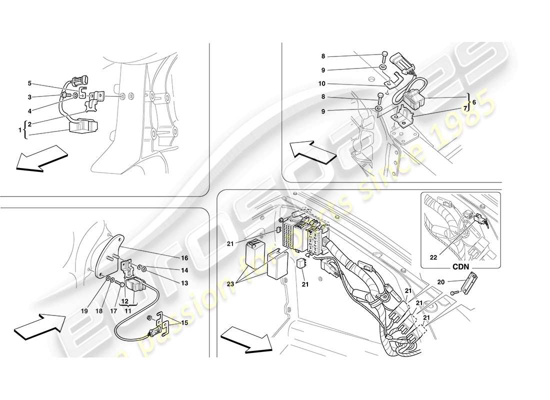 ferrari f430 coupe (europe) ecu y sensores en el compartimiento delantero y en el compartimiento del motor diagrama de piezas
