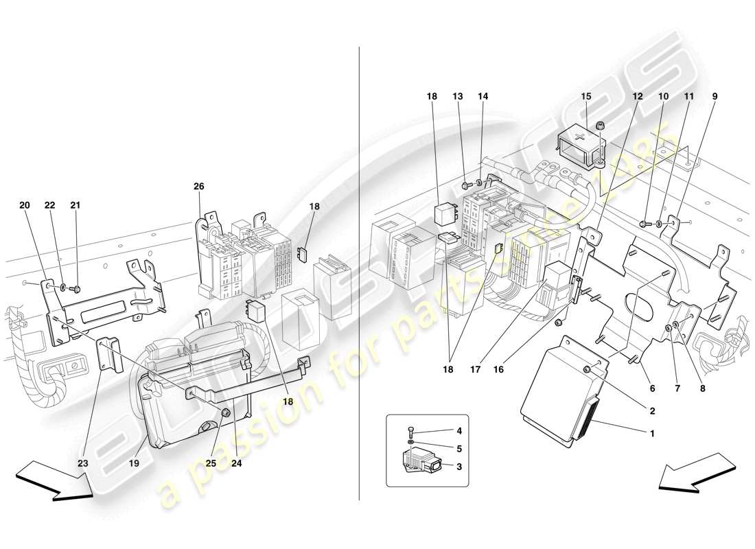 ferrari f430 scuderia (rhd) diagrama de piezas de la ecu del compartimiento del pasajero trasero