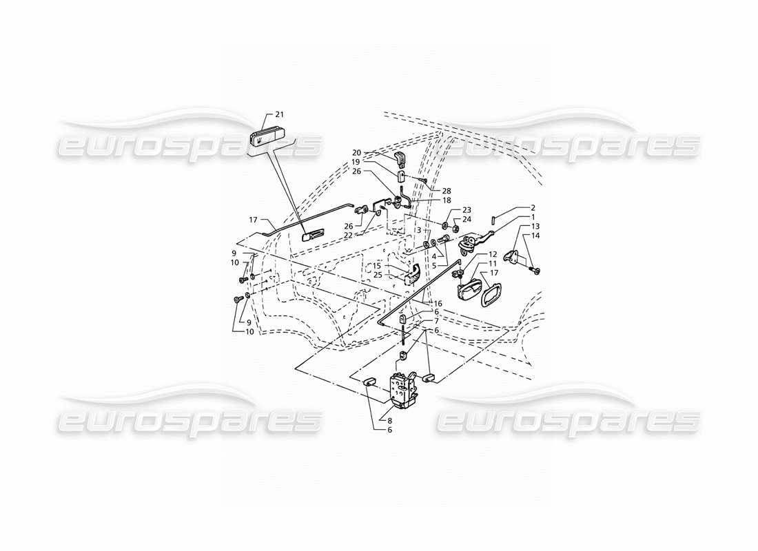 maserati qtp. 3.2 v8 (1999) puertas traseras: diagrama de piezas de bisagras y controles internos