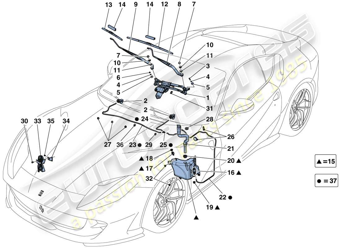 ferrari 812 superfast (europe) limpiaparabrisas, arandela y bocina diagrama de piezas