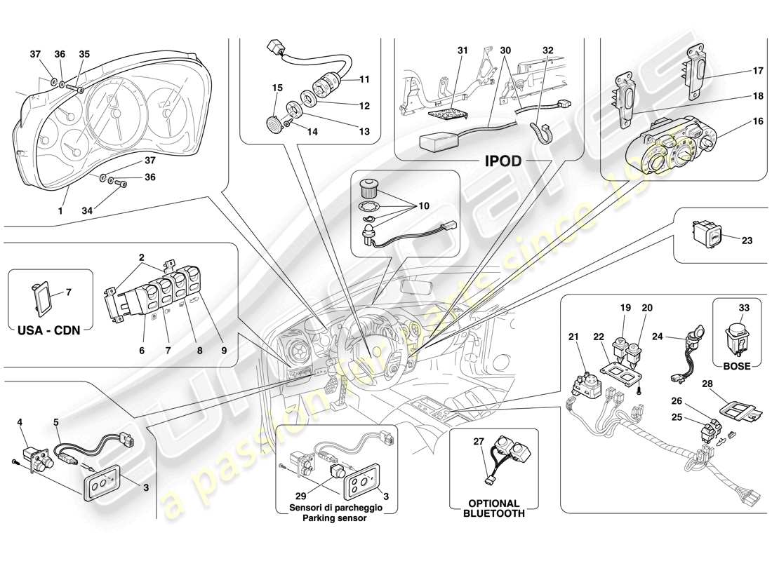 ferrari f430 spider (rhd) instrumentos del salpicadero y del túnel diagrama de piezas