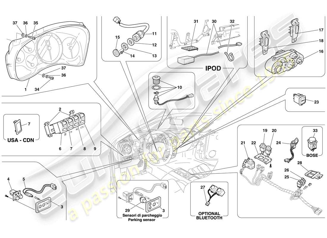 ferrari f430 spider (rhd) instrumentos del tablero y del túnel diagrama de piezas