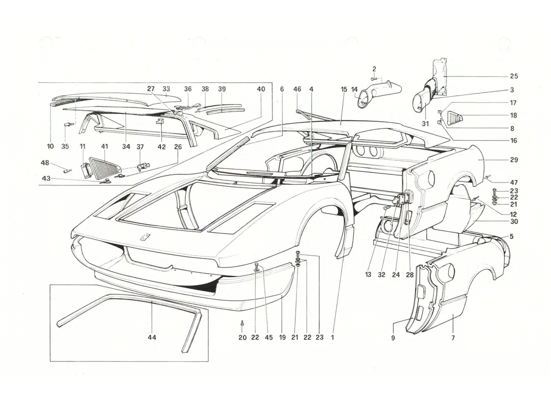 ferrari 208 gtb gts carrocería - elementos exteriores diagrama de piezas