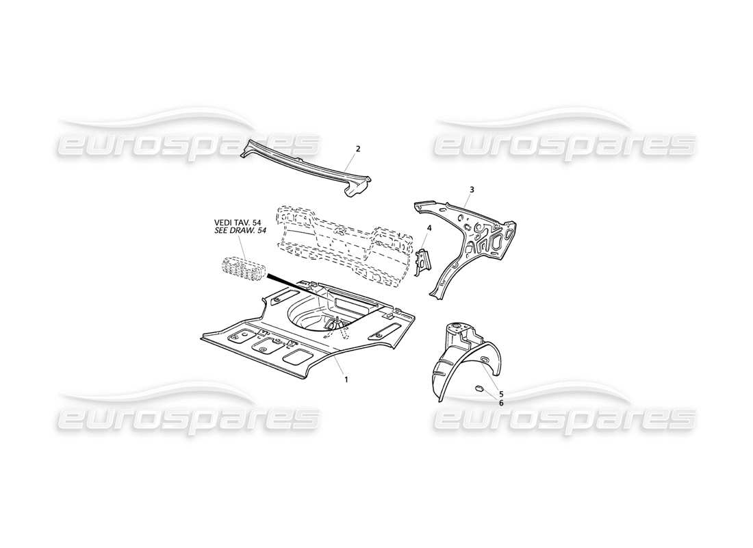 maserati qtp v6 evoluzione carrocería: diagrama de piezas del piso del maletero y de las estructuras internas