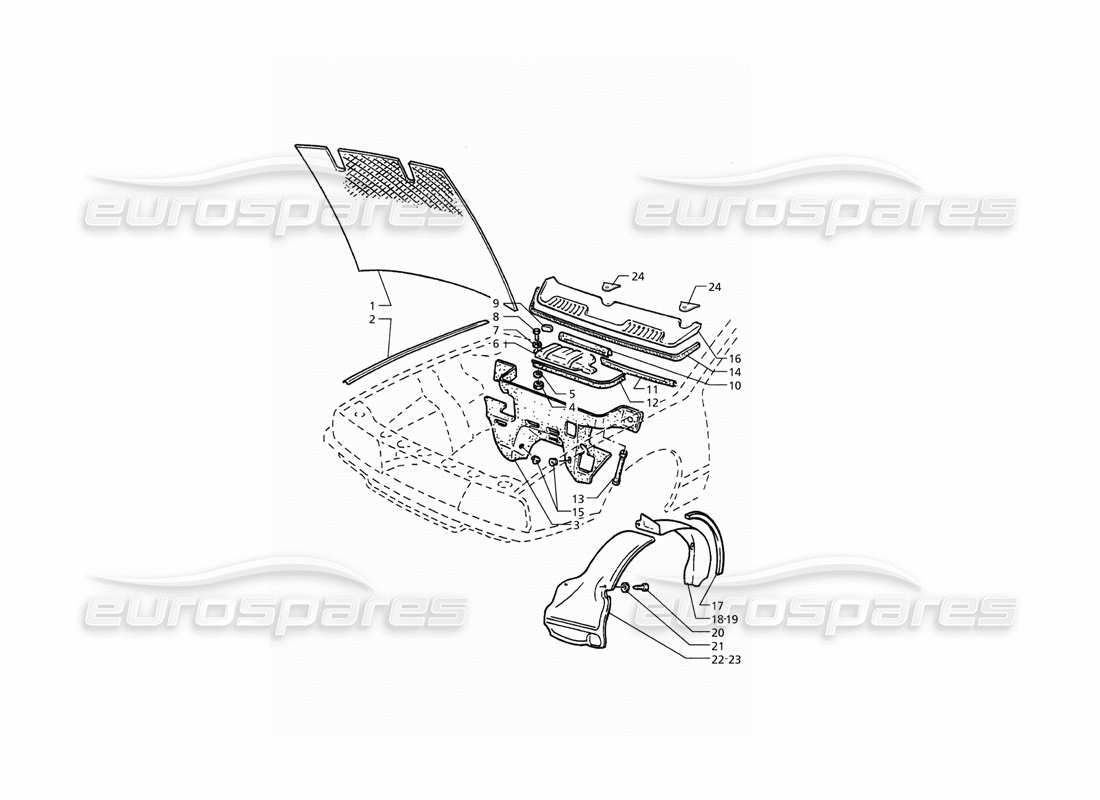 maserati qtp. 3.2 v8 (1999) diagrama de piezas de las cubiertas del capó y del compartimento del motor