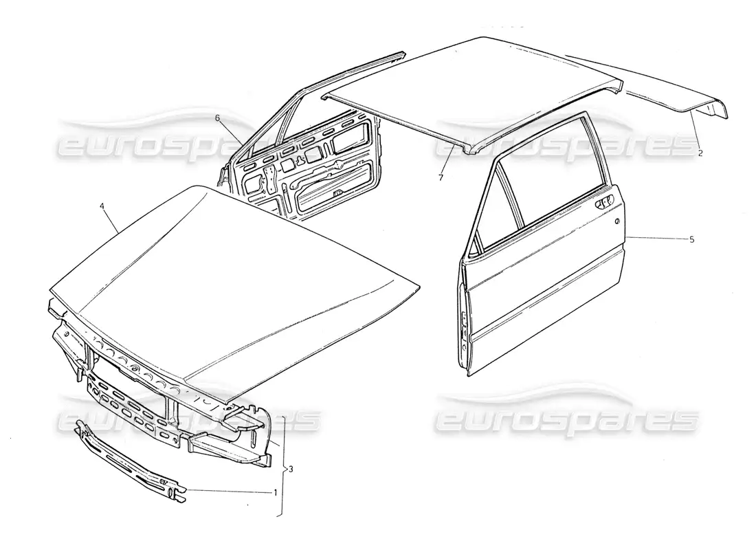 maserati 228 carrocería: diagrama de piezas del panel frontal, panel del techo, puertas y maletero