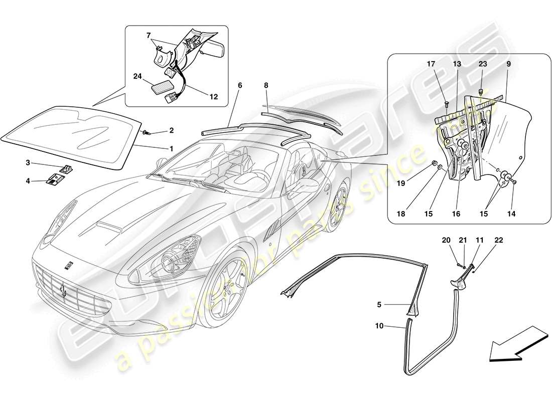 ferrari california (rhd) pantallas, ventanas y juntas diagrama de piezas