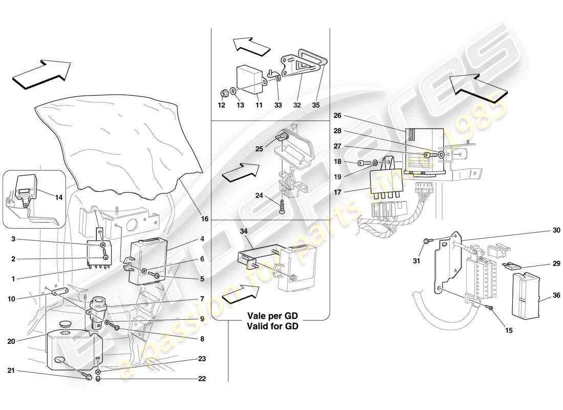ferrari f430 scuderia (rhd) diagrama de piezas de la ecu del compartimiento del pasajero delantero