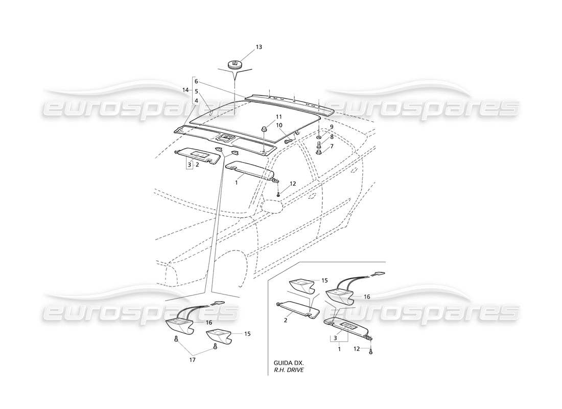 maserati qtp v8 evoluzione adornos interiores: techo diagrama de piezas