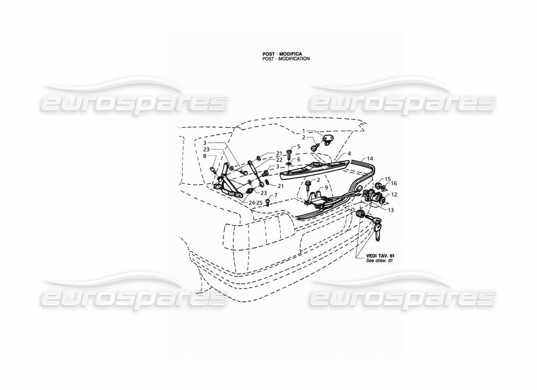 maserati qtp. 3.2 v8 (1999) tapa del maletero: bisagras, diagrama de piezas de liberación de la tapa del maletero (posterior a la modificación)