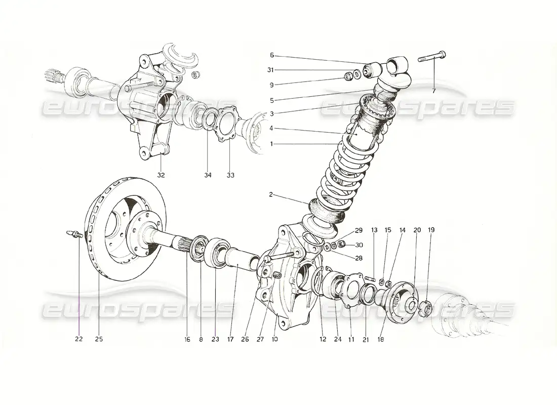 ferrari 308 gt4 dino (1976) suspensión trasera: amortiguador y disco de freno diagrama de piezas