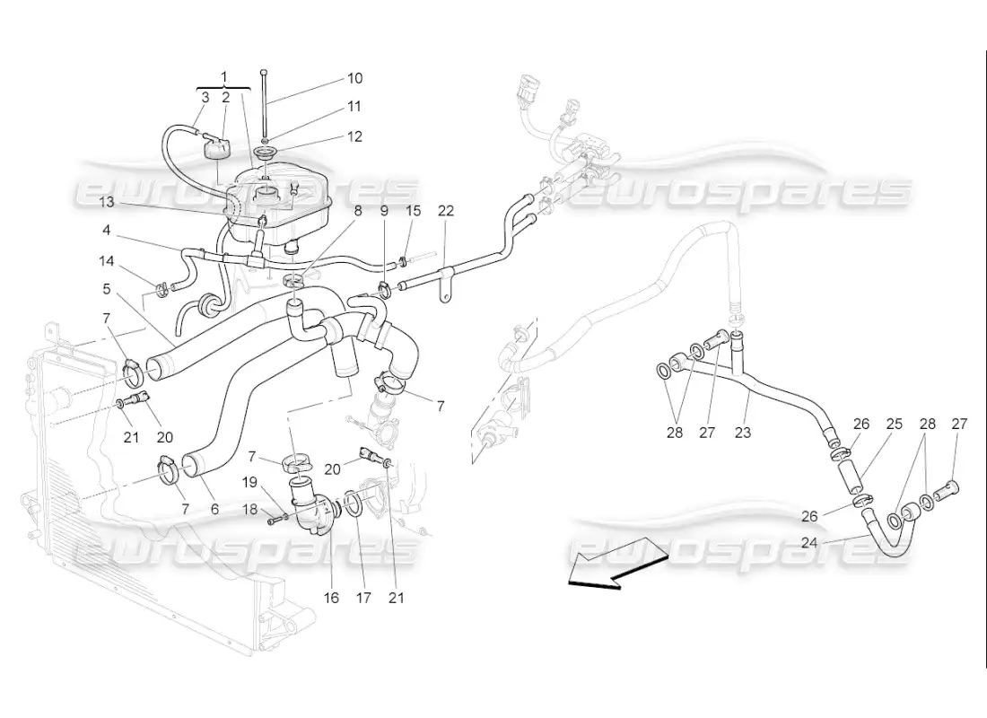 maserati qtp. (2007) 4.2 f1 sistema de enfriamiento: nourice y líneas diagrama de piezas