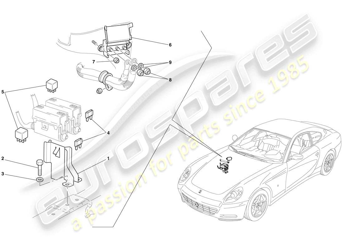 ferrari 612 scaglietti (rhd) ecu del compartimiento del motor diagrama de piezas