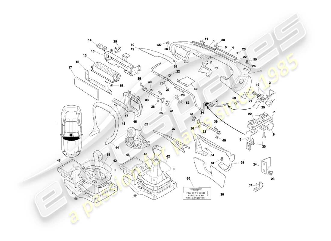 aston martin db7 vantage (1999) diagrama de piezas de fascia y molduras