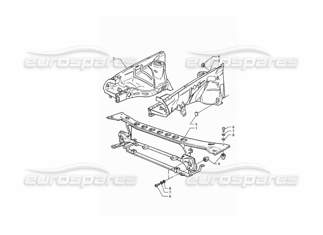 maserati qtp. 3.2 v8 (1999) carrocería: diagrama de piezas del panel frontal y los pasos de rueda interiores