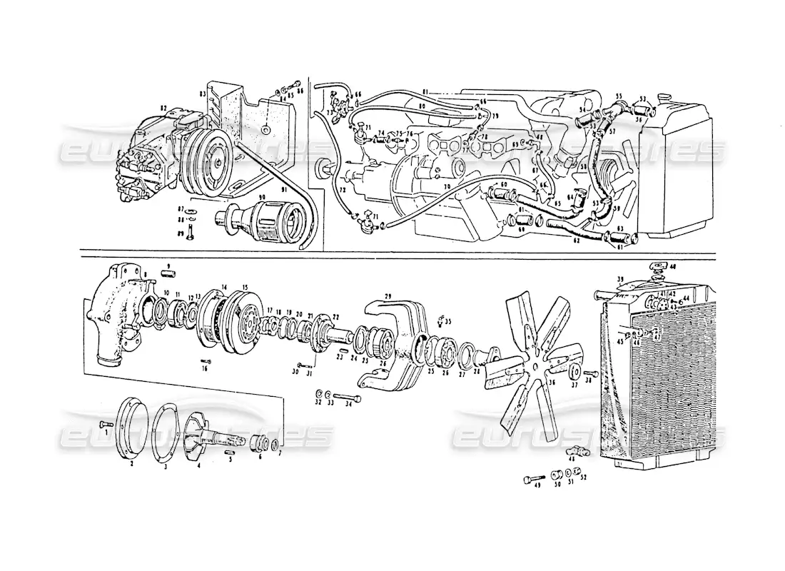 maserati 3500 gt bomba de agua y ventilador diagrama de piezas