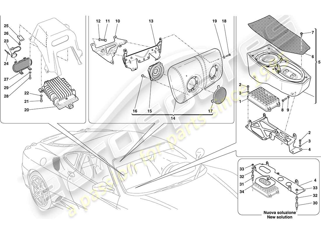 ferrari f430 coupe (europe) diagrama de piezas del sistema bose hi fi de alta potencia