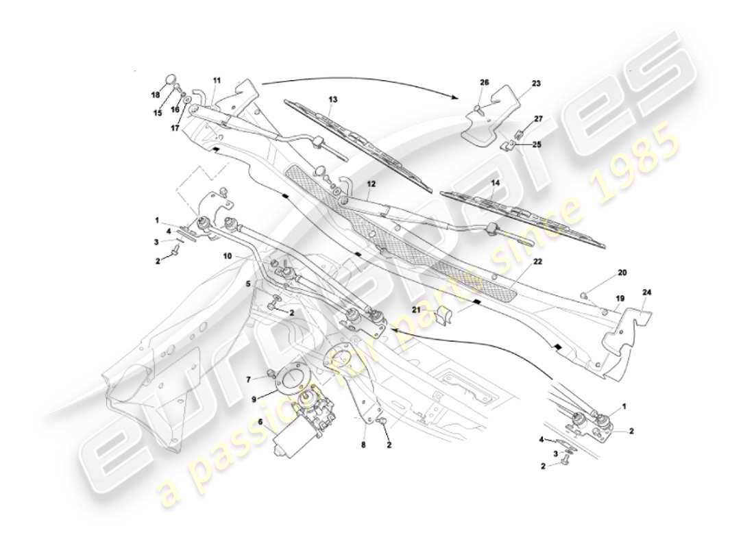 aston martin vanquish (2002) diagrama de piezas de limpiaparabrisas