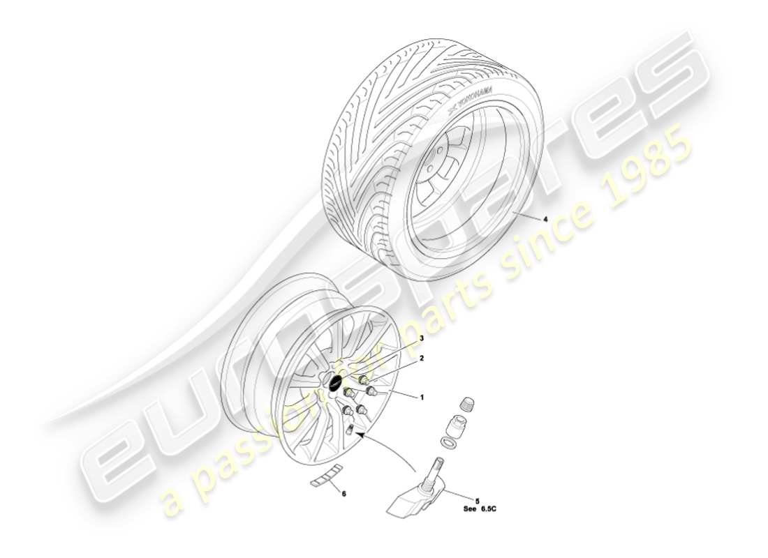 aston martin vanquish (2002) diagrama de piezas de ruedas y neumáticos