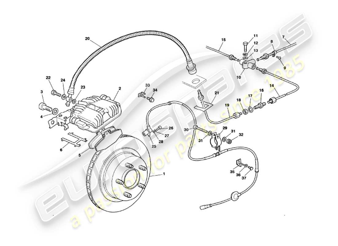 aston martin v8 volante (1998) diagrama de piezas de frenos traseros